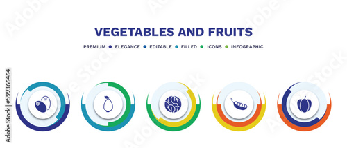 set of vegetables and fruits filled icons. vegetables and fruits filled icons with infographic template. flat icons such as breast milk fruit, guava, cabbage, pea, pepper vector.