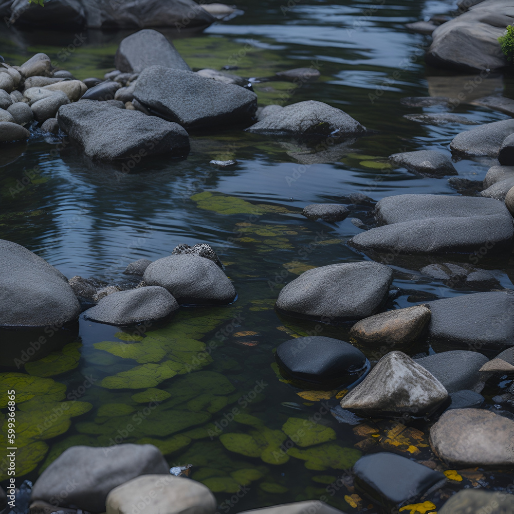 A close-up of a crystal-clear stream with rocks and pebbles in the water A close-up of a crystal-clear stream with rocks and pebbles in the water
