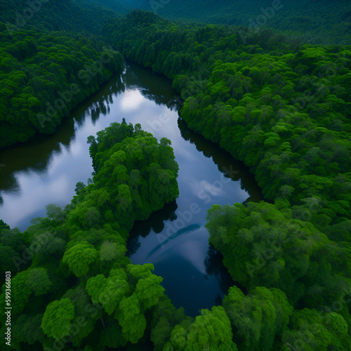 A bird's eye view of a winding river flowing through a lush green forest