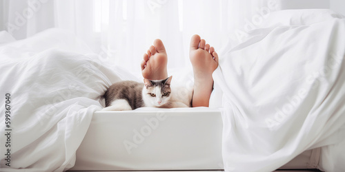 A cozy and funny cat takes a nap with his family, resting on white sheets next to bare feet. A warm scene that will encourage a moment of cocooning. Generative AI photo