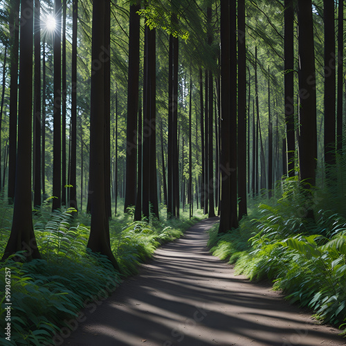 A peaceful forest trail with sunlight streaming through the trees
