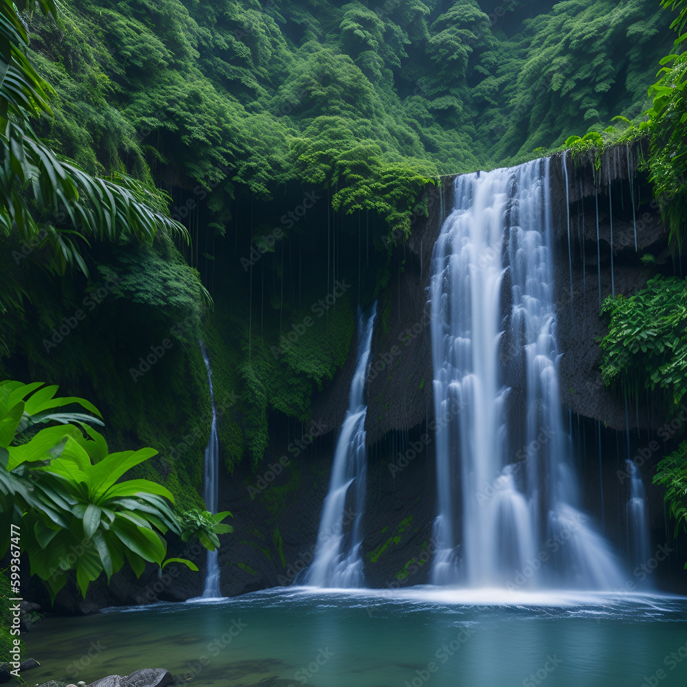 A stunning waterfall surrounded by lush greenery in a tropical forest