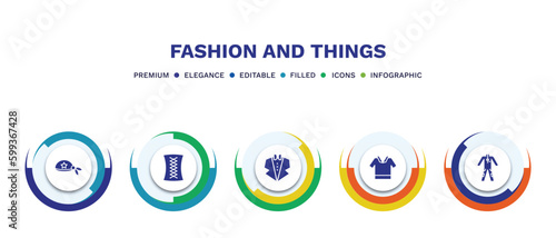 set of fashion and things filled icons. fashion and things filled icons with infographic template. flat icons such as pirate scarf, cord lace, suit with bow tie, safety shirt, working coverall