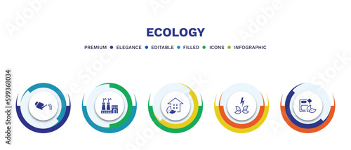 set of ecology filled icons. ecology filled icons with infographic template. flat icons such as watering can, eco factory, eco house, green energy source, bio fuel vector.