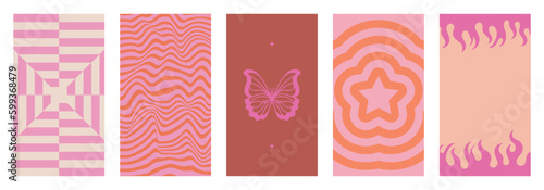 Vector illustration, vertical abstract backgrounds and graphic prints - decorative stories templates with copy space for text for social media in y2k groovy minimal style