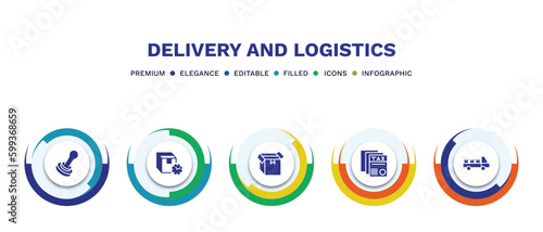 set of delivery and logistics filled icons. delivery and logistics filled icons with infographic template. flat icons such as stamp, delivery delay, box, tax free, cargo vector.