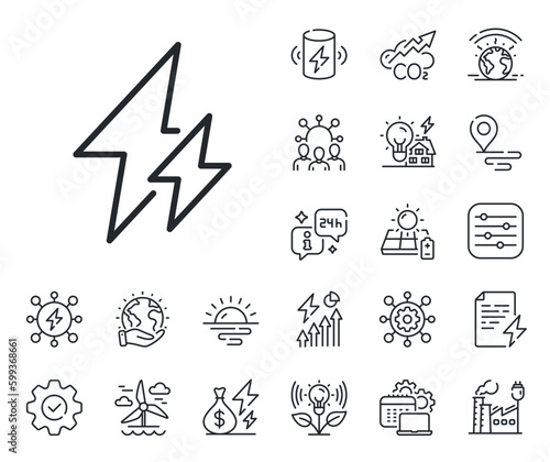 Electric power energy type sign. Energy, Co2 exhaust and solar panel outline icons. Electricity line icon. Lightning bolt symbol. Electricity line sign. Eco electric or wind power icon. Vector