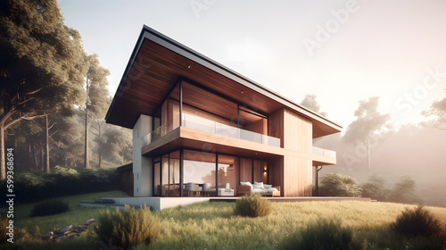 Be inspired by this stunning stock image featuring a stunning house design with a minimalist aesthetic  clean lines  and a warm wood finish  perfectly set in a picturesque natural setting.