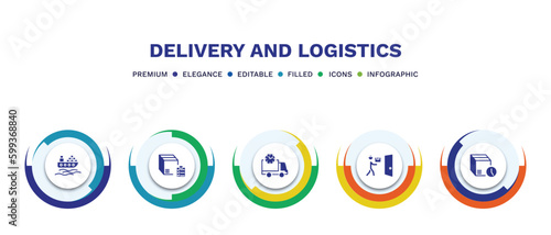 set of delivery and logistics filled icons. delivery and logistics filled icons with infographic template. flat icons such as ocean transportation, delivery list, scheduled, door, time vector.