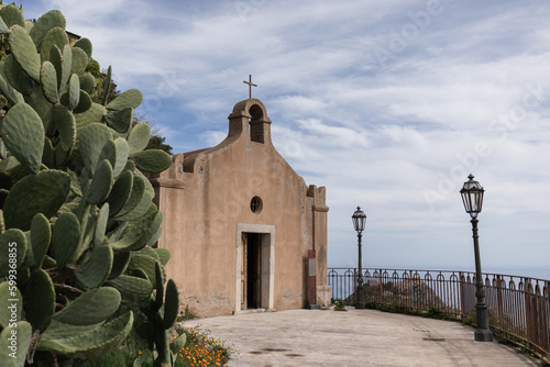 San Biagio chapel with cactus in foreground near Taormina in Sicily