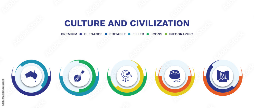 set of culture and civilization filled icons. culture and civilization filled icons with infographic template. flat icons such as australian continent, kora, native american drum, ajoblanco, set of culture and civilization filled icons. culture and civilization filled icons with infographic template. flat icons such as australian continent, kora, native american drum, ajoblanco,