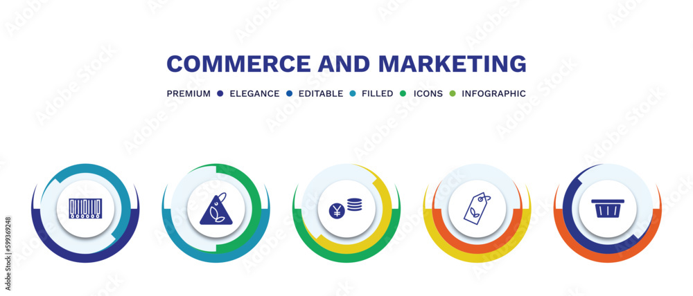 set of commerce and marketing filled icons. commerce and marketing filled icons with infographic template. flat icons such as barscode with zeros, eco tag, yens coins stack, eco label, supermarket set of commerce and marketing filled icons. commerce and marketing filled icons with infographic template. flat icons such as barscode with zeros, eco tag, yens coins stack, eco label, supermarket