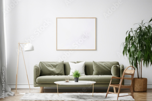 Blank Horizontal Poster Frame Mockup in a Scandinavian Living Room with Green Plants and Beige Sofa © Georg Lösch