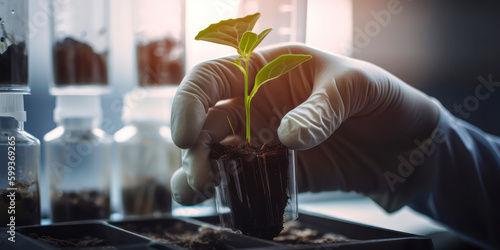Fotografiet Man transplanting a GM plant in an agronomy and biotechnology laboratory; highlights the innovation and precision of horticultural practices