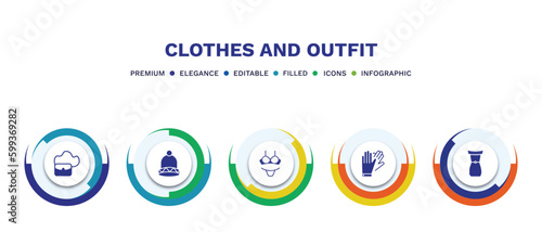 set of clothes and outfit filled icons. clothes and outfit filled icons with infographic template. flat icons such as hobo bag, knit hat with pom pom, lingerine, leather gloves, off the shoulder