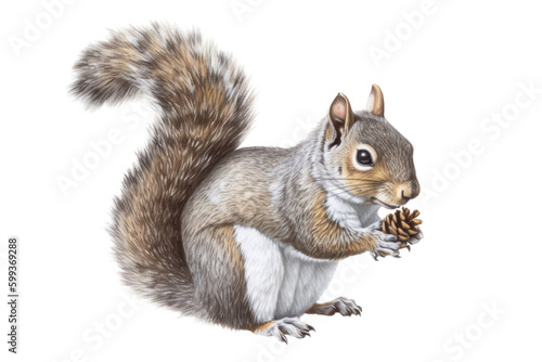  an isolated Grey Squirrel holding a pinecone, preservation, backyard wildlife, Wildlife-themed, photorealistic illustration on a transparent background cutout in PNG. Generative AI