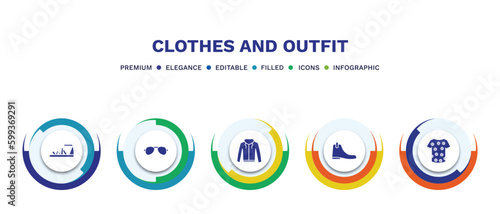 set of clothes and outfit filled icons. clothes and outfit filled icons with infographic template. flat icons such as gladiator sandal, pilot sunglasses, hooded jacket, leather chelsea boots, t