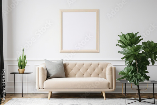 Blank Horizontal Poster Frame Mockup in a Scandinavian Living Room with Green Plants and Beige Sofa