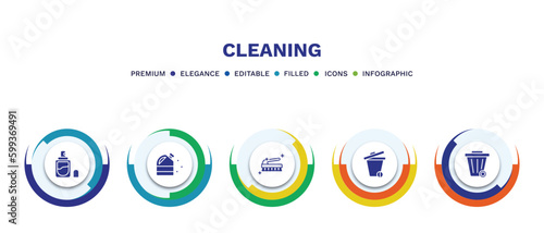 set of cleaning filled icons. cleaning filled icons with infographic template. flat icons such as perfume cleanin, bleach cleanin, brush cleanin, trash wiping trash vector.