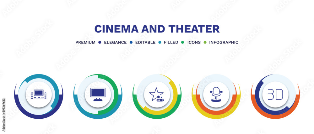 set of cinema and theater filled icons. cinema and theater filled icons with infographic template. flat icons such as home theater, flat tv, famous cinema star, theatre seats, 3d vector. set of cinema and theater filled icons. cinema and theater filled icons with infographic template. flat icons such as home theater, flat tv, famous cinema star, theatre seats, 3d vector.