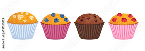 Set of different muffins isolated on white background. Chocolate, raspberry, blueberry and oatmeal cake. Vector cartoon illustration of fresh sweet pastries.