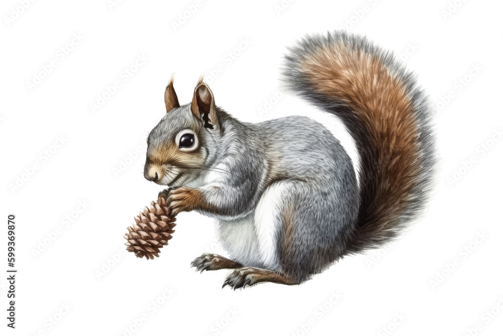 Fototapeta premium an isolated Grey Squirrel holding a pinecone, preservation, backyard wildlife, Wildlife-themed, photorealistic illustration on a transparent background cutout in PNG. Generative AI