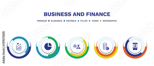 set of business and finance filled icons. business and finance filled icons with infographic template. flat icons such as profit chart, infographic elements, mortgage and man, euro coins stack, bank
