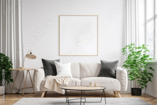 Modern Scandinavian Living Room with Blank Horizontal Poster Frame and Greenery © Georg Lösch