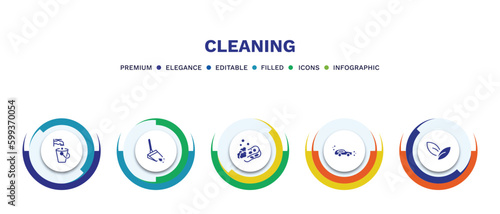 set of cleaning filled icons. cleaning filled icons with infographic template. flat icons such as faucet cleanin, dustpan cleanin, sponge cleanin, clean car, leaves vector.