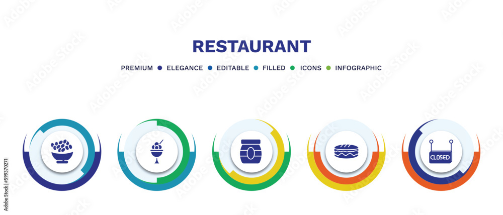 set of restaurant filled icons. restaurant filled icons with infographic template. flat icons such as bowl of olives, ice cream balls cup, mermelade jar, long sandwich, closed vector. set of restaurant filled icons. restaurant filled icons with infographic template. flat icons such as bowl of olives, ice cream balls cup, mermelade jar, long sandwich, closed vector.