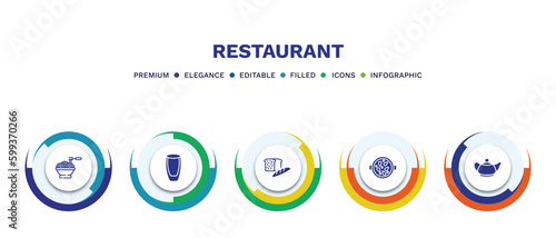set of restaurant filled icons. restaurant filled icons with infographic template. flat icons such as spaghetti bolognese, wide glass, load of bread, paella with parwns, vintage teapot vector.