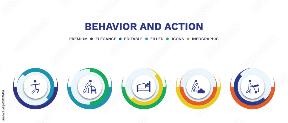 set of behavior and action filled icons. behavior and action filled icons with infographic template. flat icons such as man warming up, old man with cane, laying in bed, man digging, carry garbage set of behavior and action filled icons. behavior and action filled icons with infographic template. flat icons such as man warming up, old man with cane, laying in bed, man digging, carry garbage