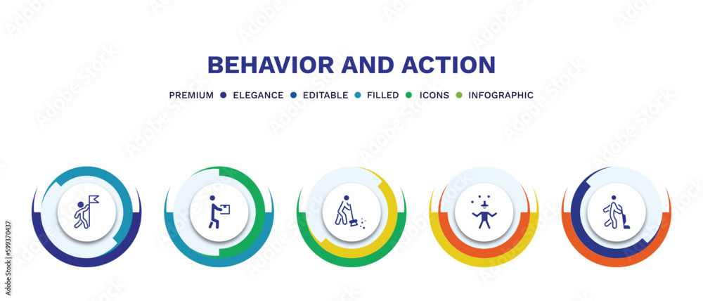 set of behavior and action filled icons. behavior and action filled icons with infographic template. flat icons such as man with flag, stick man with box, man sweeping, circus vacuum vector. set of behavior and action filled icons. behavior and action filled icons with infographic template. flat icons such as man with flag, stick man with box, man sweeping, circus vacuum vector.