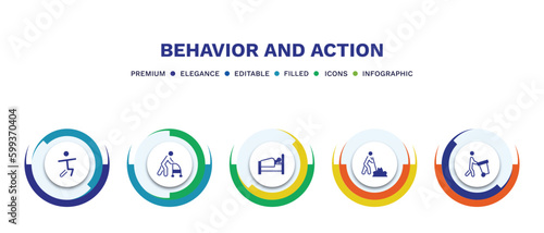 set of behavior and action filled icons. behavior and action filled icons with infographic template. flat icons such as man warming up, old man with cane, laying in bed, man digging, carry garbage