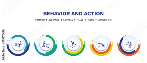 set of behavior and action filled icons. behavior and action filled icons with infographic template. flat icons such as man running, man shopping, man falling, with, window cleaning vector.