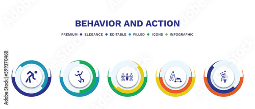 set of behavior and action filled icons. behavior and action filled icons with infographic template. flat icons such as stick man excersicing, stick man jumping, three men conference, cutting lawn,