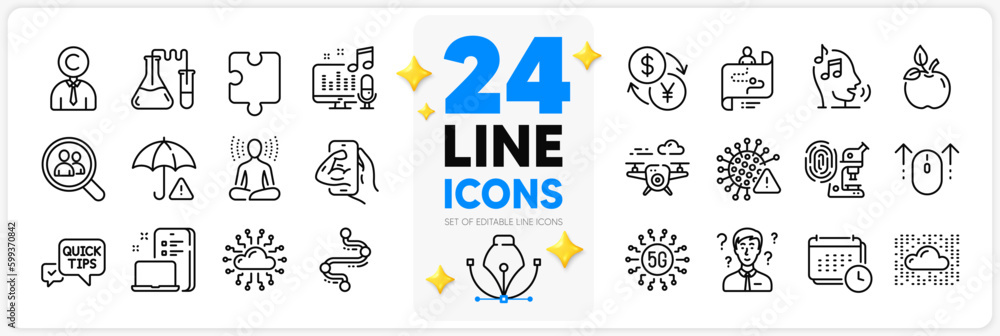 Icons set of Search employees, Copyrighter and Eco food line icons pack for app with Covid virus, Podcast, Fingerprint research thin outline icon. Cloud network, Support consultant. Vector