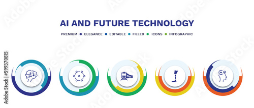 set of ai and future technology filled icons. ai and future technology filled icons with infographic template. flat icons such as future brain, ar camera, train, prosthesis, business vector.
