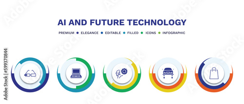 set of ai and future technology filled icons. ai and future technology filled icons with infographic template. flat icons such as ar monocle, laptop, unsupervised learning, fyling vehicle, shopping