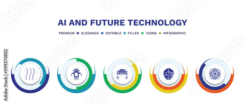 set of ai and future technology filled icons. ai and future technology filled icons with infographic template. flat icons such as road, robots, hover transport, cyborg, ai grid vector.