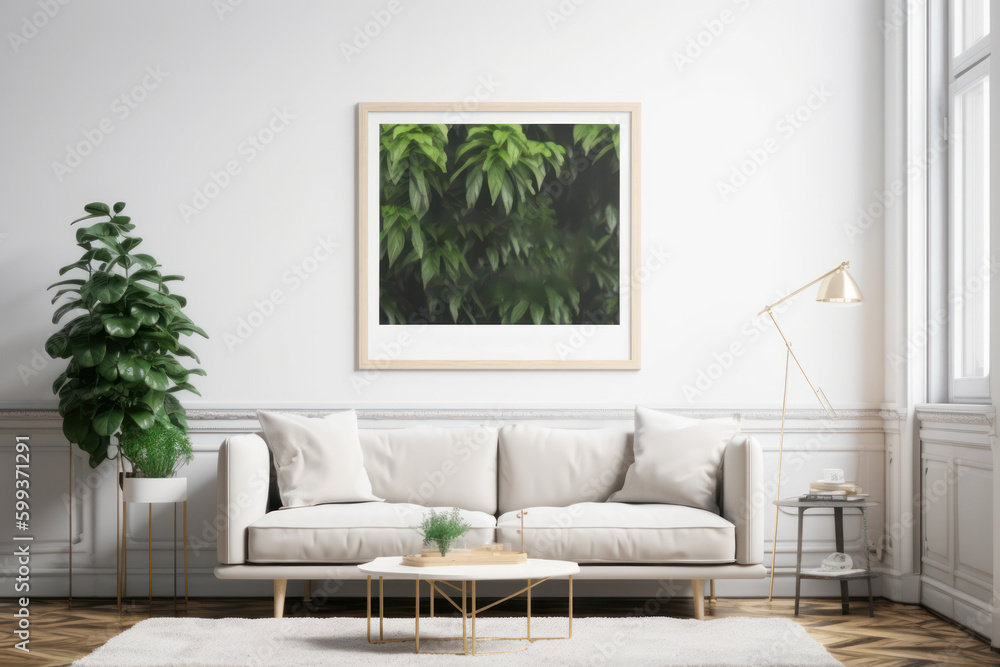 Scandinavian Living Room with Blank Horizontal Poster Frame and Bright Natural Light Scandinavian Living Room with Blank Horizontal Poster Frame and Bright Natural Light
