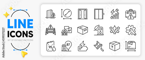 Box size, Lift and Open door line icons set for app include Floor plan, Warning road, Package outline thin icon. Petrol canister, Buildings, Warning briefcase pictogram icon. Vector