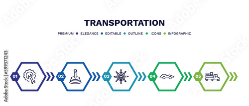 set of transportation thin line icons. transportation outline icons with infographic template. linear icons such as repair, gearshift, ship wheel, formula 1, loaded truck side view vector.