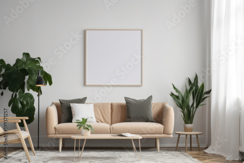 Scandinavian Living Room with Blank Horizontal Poster Frame and Bright Natural Light © Georg Lösch