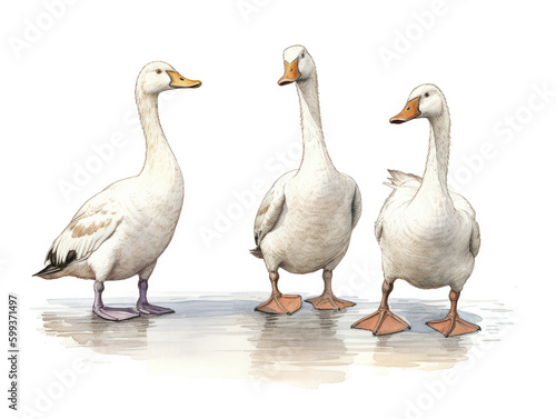 Group of three geese in an illustrative waterolor style, generative ai photo