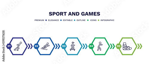 set of sport and games thin line icons. sport and games outline icons with infographic template. linear icons such as skating, slalom, boy with skatingboard, man punching, sprained ankle vector.