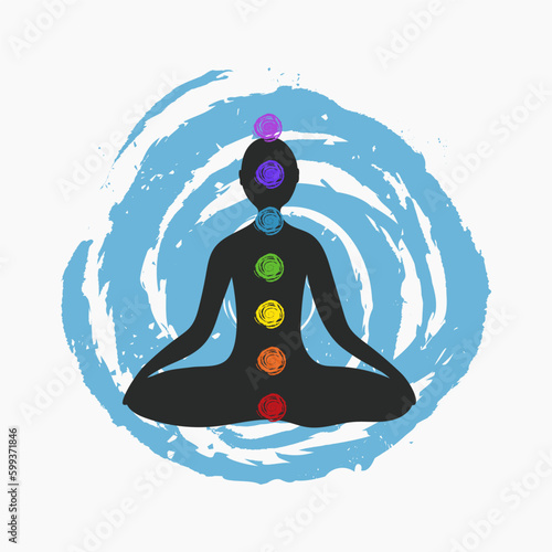 Meditation pose silhouette with chakras. Yoga studio logo template. Vector wellness illustration.