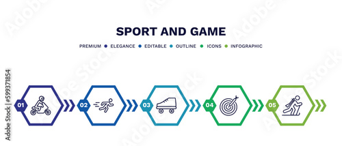 set of sport and game thin line icons. sport and game outline icons with infographic template. linear icons such as motorbike riding, man sprinting, roller skate, dartboard with dart, biathlon