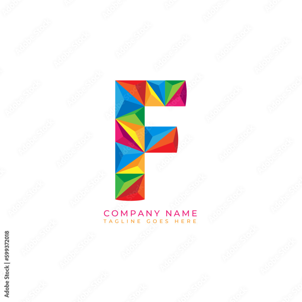 Colorful letter f logo design for business company in low poly art style