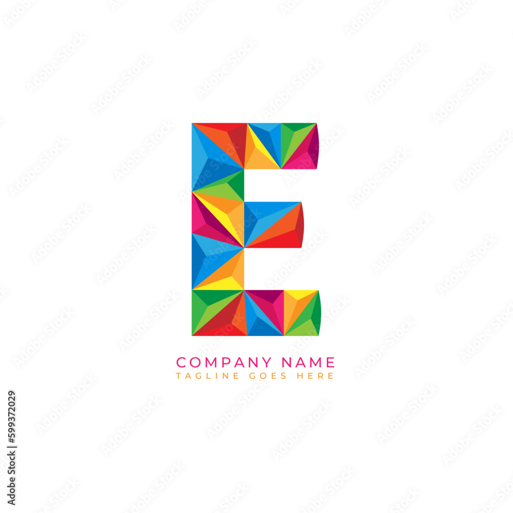 Colorful letter e logo design for business company in low poly art style